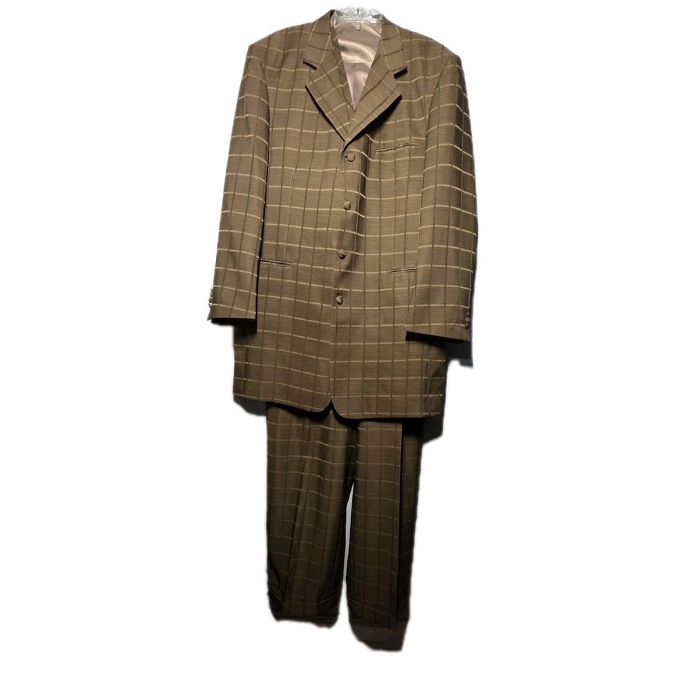Falcone Three-Piece Suit Vest Jacket (46L) Pants (40L) Brown Plaid‎
